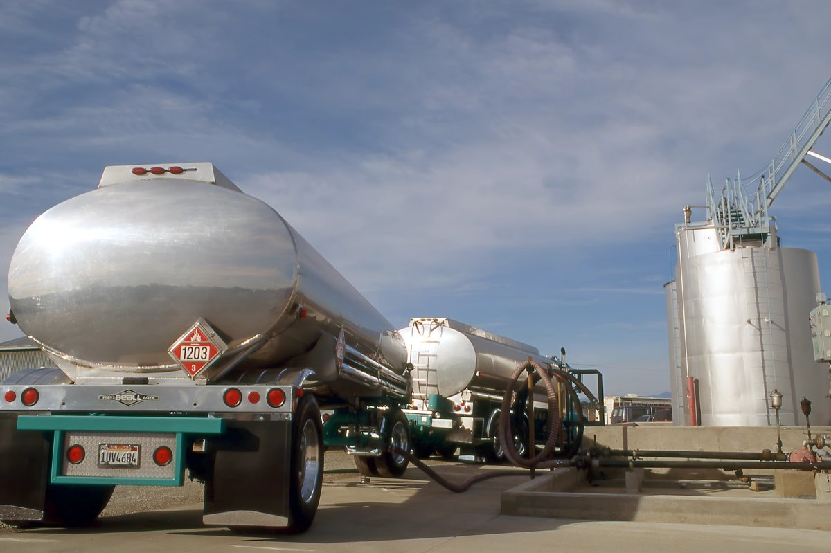 Fuel tanker truck at petroleum facility